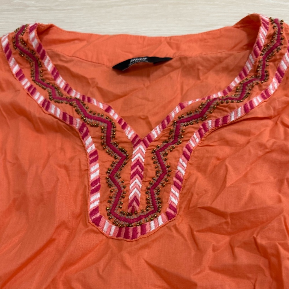 Women's Orange Embroidered V-Neck Tunic Top - Picture 4 of 7
